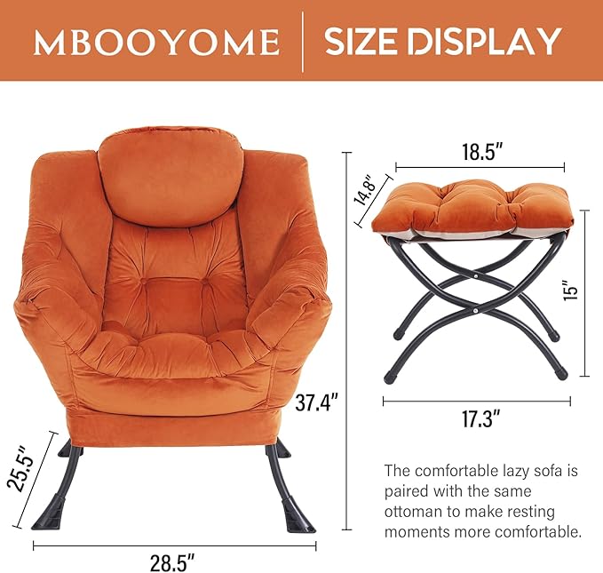 Lazy Chair with Ottoman, Modern Accent Chair Contemporary Lounge Leisure Upholstered Sofa Chair Set with Armrests, Reading Chair for Living Room, Bedroom, Office, Orange - LeafyLoom