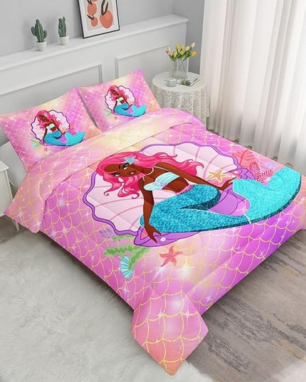 Datura home Bedding Comforter Set Black Girl Magic Mermaid Printed Pattern Quilt with 1 and 2 Pillowcases for Girls Bedroom All Season(Black Pink Full) Full 80x90inches - LeafyLoom