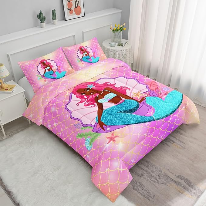 Datura home Bedding Comforter Set Black Girl Magic Mermaid Printed Pattern Quilt with 1 and 2 Pillowcases for Girls Bedroom All Season(Black Pink Full) Full 80x90inches - LeafyLoom