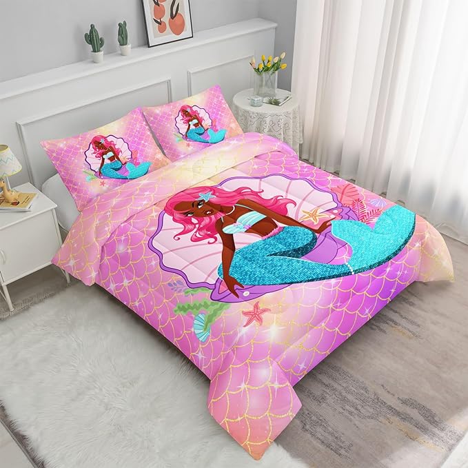 Datura home Bedding Comforter Set Black Girl Magic Mermaid Printed Pattern Quilt with 1 and 2 Pillowcases for Girls Bedroom All Season(Black Pink Twin) Twin 68x86inches - LeafyLoom