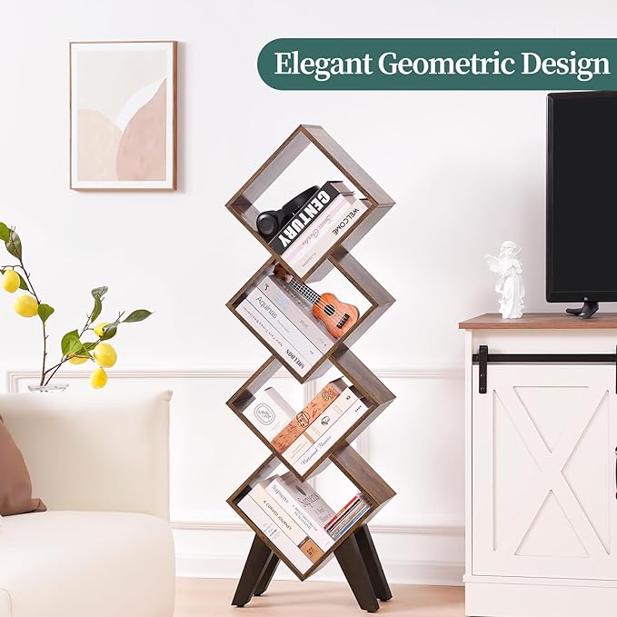 Yoobure Small Bookshelf, Tall 4-Tier Book Shelf, Wood Bookcase Book Organizer, Industrial Bookshelves Floor Standing for CDs/Books in Small Spaces, Bedroom, Living Room, Home Office - LeafyLoom