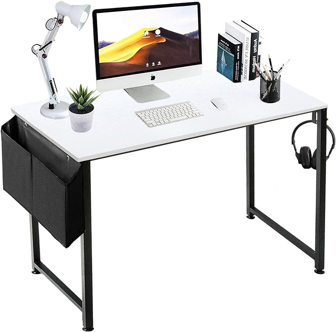 Lufeiya Computer Desk White Writing Table for Small Spaces Home Office 39 Inch Modern Study PC Des,with Storage Bag Hook (White Black) - LeafyLoom