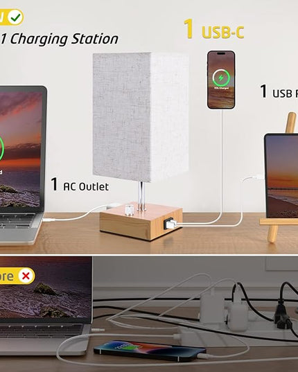 Small Bedside Lamps Set of 2, Fully Table Lamp for Bedroom Office, Nightstand Lamp with USB C+A Ports & AC Outlet, Square Beige Fabric Shade Wood Grain Metal Base(LED Blubs Included) - LeafyLoom