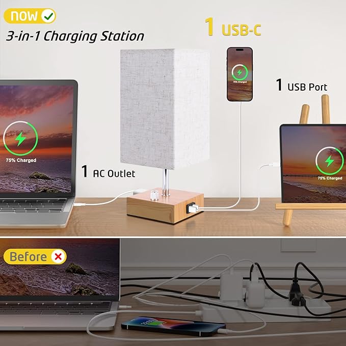 Small Bedside Lamps Set of 2, Fully Table Lamp for Bedroom Office, Nightstand Lamp with USB C+A Ports & AC Outlet, Square Beige Fabric Shade Wood Grain Metal Base(LED Blubs Included) - LeafyLoom