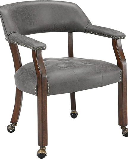 Dining Chairs with Casters and Arms, Large Rolling Dining Chairs with Wheels, Accent Wood Boss Caption's Chairs, 26" D x 25.2" W x 31.5" H, Cherry Legs & Dark Grey Fabric SY-1533-GY - LeafyLoom