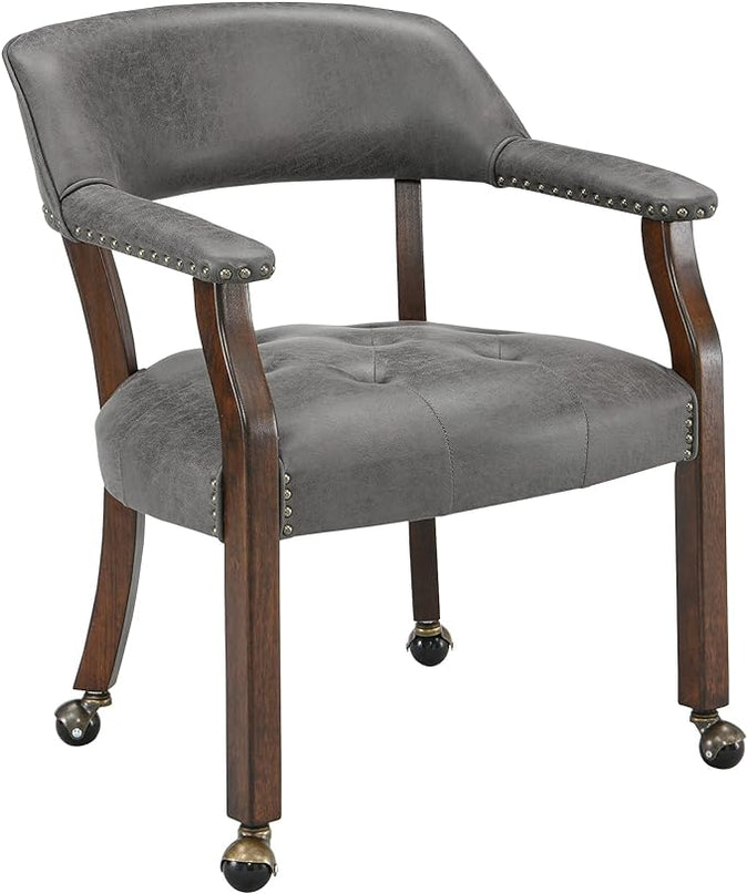 Dining Chairs with Casters and Arms, Large Rolling Dining Chairs with Wheels, Accent Wood Boss Caption's Chairs, 26" D x 25.2" W x 31.5" H, Cherry Legs & Dark Grey Fabric SY-1533-GY - LeafyLoom