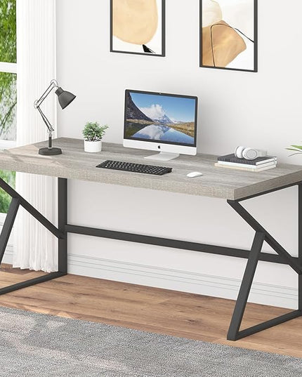 HSH Large Computer Desk, Industrial Metal Wood Gray Home Office Desk, Modern Long Work Study Writing Gaming Table, Student Simple PC Laptop Desk for Bedroom Living Room, Light Grey Oak, 60 Inch - LeafyLoom