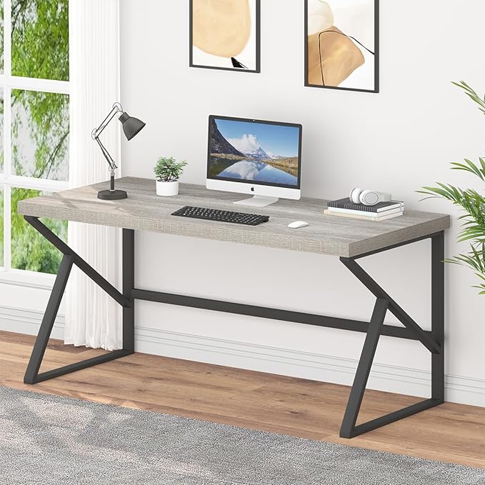 HSH Large Computer Desk, Industrial Metal Wood Gray Home Office Desk, Modern Long Work Study Writing Gaming Table, Student Simple PC Laptop Desk for Bedroom Living Room, Light Grey Oak, 60 Inch - LeafyLoom