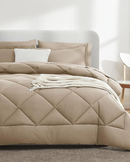 CozyLux Queen Comforter Set with Sheets 7 Pieces Bed in a Bag Taupe All Season Bedding Sets with Comforter, Pillow Shams, Flat Sheet, Fitted Sheet and Pillowcases - LeafyLoom
