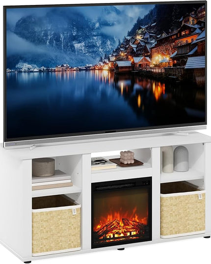 Furinno Jensen Fireplace TV Entertainment Center with Open Storage Compartment for TV up to 55 Inch, Solid White - LeafyLoom