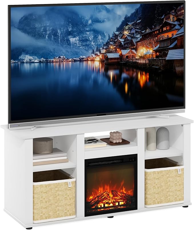 Furinno Jensen Fireplace TV Entertainment Center with Open Storage Compartment for TV up to 55 Inch, Solid White - LeafyLoom