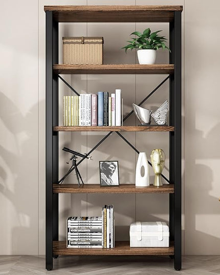 5 Tier Industrial Solid Wood Bookshelf, Open Etagere Bookcase with Metal Frame, Vintage Industrial Style Bookcase/Metal and Wood Bookshelf Furniture (AY01-5tier) - LeafyLoom