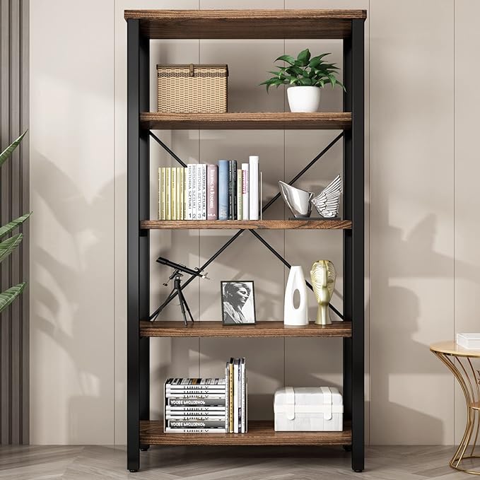 5 Tier Industrial Solid Wood Bookshelf, Open Etagere Bookcase with Metal Frame, Vintage Industrial Style Bookcase/Metal and Wood Bookshelf Furniture (AY01-5tier) - LeafyLoom