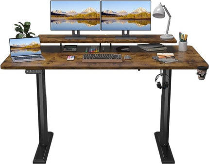 Electric Standing Desk with Monitor Shelf, 63 x 27 Inches Height Adjustable Corner Table, Computer Workstation with Cup Holder and Hook for Home Office, Brown, 63x27 Inch, Rustic Brwon - LeafyLoom