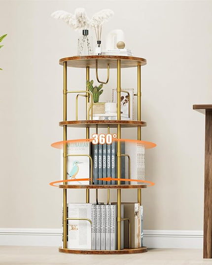 Rotating Bookshelf, 3 Tier Round Revolving Bookcase with Special Visible Partition Storage, 360° Display Spinning Bookshelf Tower Storage Organizer Rack for Bedroom, Living Room, Small Space, Gold - LeafyLoom