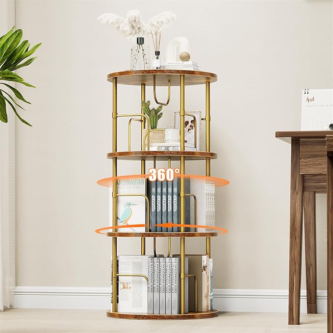 Rotating Bookshelf, 3 Tier Round Revolving Bookcase with Special Visible Partition Storage, 360° Display Spinning Bookshelf Tower Storage Organizer Rack for Bedroom, Living Room, Small Space, Gold - LeafyLoom