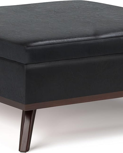 SIMPLIHOME Owen 36 Inch Wide Mid Century Modern Square Coffee Table Lift Top Storage Ottoman in Upholstered Midnight Black Faux Leather, For the Living Room - LeafyLoom