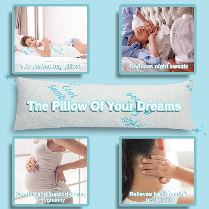 Body Pillow For Adults Cooling Bamboo Rayon Full Adjustable Memory Foam Pillow - Side Sleeper -, +1 Extra Cover, Huggable Long Pillow for Sleeping, Washable & Breathable Pillowcase with Zipper - LeafyLoom