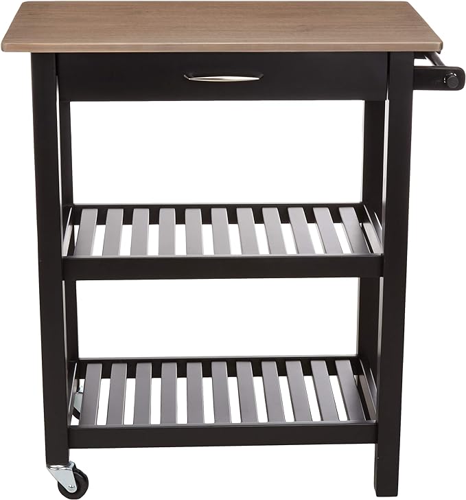 Amazon Basics 2 shelves Kitchen Island Cart with Storage, Solid Wood Top and Wheels, 35.4 x 18 x 36.5 inches, Gray-wash and Black - LeafyLoom