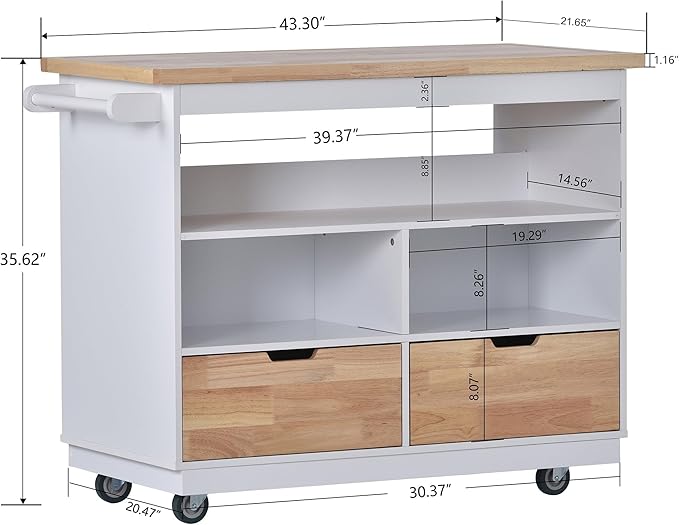 Kitchen Island with Storage, Two-Sided Rolling Extended Table on Wheels w/Wood Top, Wine and Spice Rack, 2 Drawers, 3 Open Compartments for Dinning Room - LeafyLoom