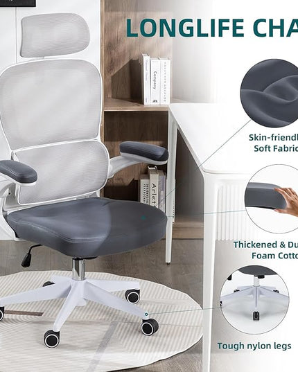 Home Office Chair High Back Computer Desk Chair Ergonomic Task Chair Executive Chair with Lumbar Support Recliner Chair with Adjustable Headrest,Flip-up Armrests (White/Gray with Nylon Base) - LeafyLoom