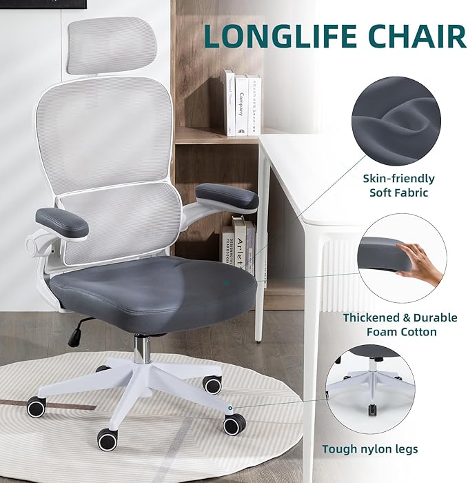 Home Office Chair High Back Computer Desk Chair Ergonomic Task Chair Executive Chair with Lumbar Support Recliner Chair with Adjustable Headrest,Flip-up Armrests (White/Gray with Nylon Base) - LeafyLoom