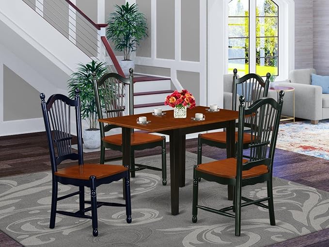 East West Furniture NDDO5-BCH-W Norden 5 Piece Set Includes a Rectangle Dining Room Table with Dropleaf and 4 Wood Seat Chairs, 30x48 Inch, Black & Cherry - LeafyLoom