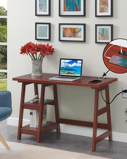 Convenience Concepts Designs2Go Trestle Desk with Charging Station and Shelves, Cherry - LeafyLoom