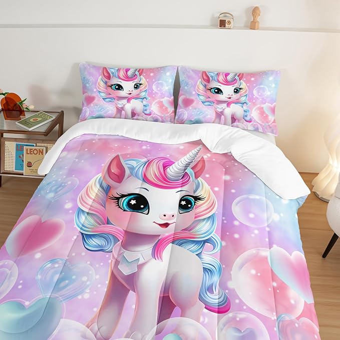 HOSIMA Unicorn Twin Bedding Sets for Girls Teens,Cartoon Kawaii Unicorn Comforter Bubble and Love Heart Bedding Set,Fantasy Unicorn Bedroom Decor for Girls Pink Purple Comforter with 2 Pillowcases. - LeafyLoom