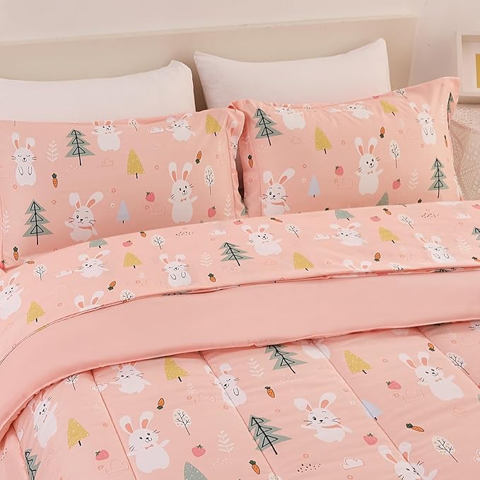 Pink Bunny Kids Comforter Set for Girls Twin, Cute Reversible Quilted Printed Woodland Bedding Set with Pillow Sham, Lightweight Soft Breathable Machine Washable Bed Set 2 Piece - LeafyLoom