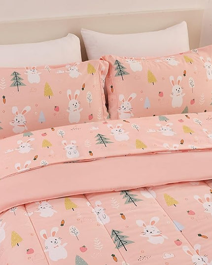 Pink Bunny Kids Comforter Set for Girls Full Size, Cute Reversible Quilted Printed Woodland Bedding Set with Pillow Sham, Lightweight Soft Breathable Machine Washable Bed Set 3 Piece - LeafyLoom
