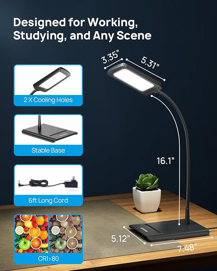 TROND Desk Lamp, Bright Dimmable Eye-Caring Table Lamp, 3 Color Modes 7 Brightness Levels, Flexible Gooseneck, Touch Control, Memory Function, Desk Light for Home Office Dorm Room Essentials - LeafyLoom