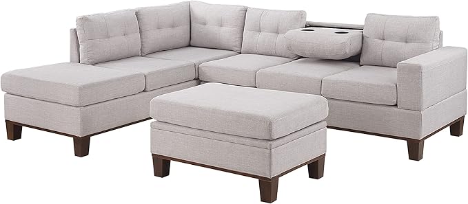 LOVMOR Living Room Reversible Sectional Sofa with Dropdown Armrest, Cupholder, Ottoman and Storage Chaise, Linen Couch for Home Furniture, Apartment, Dorm, Light Gray, 106 Inch - LeafyLoom