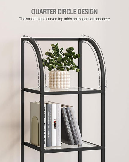 Bookcase Bookshelf, Tempered Glass Arched Bookshelf for More Storage, Slim Shelving Unit for Bedroom, Bathroom, Home Office, Steel Frame, 5 Tier Black BC20599B - LeafyLoom
