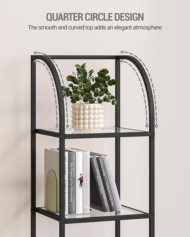 Bookcase Bookshelf, Tempered Glass Arched Bookshelf for More Storage, Slim Shelving Unit for Bedroom, Bathroom, Home Office, Steel Frame, 5 Tier Black BC20599B - LeafyLoom