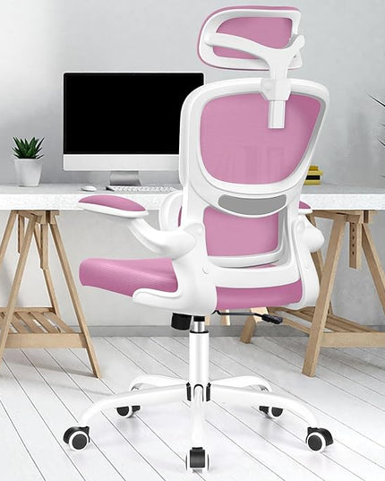 Ergonomic Office Desk Chair, High Back Mesh Chair with Lumbar Support and Adjustable Headrest, Computer Gaming Chair with Flip-up Armrests, Executive Swivel Chair for Home Office (Pink) - LeafyLoom