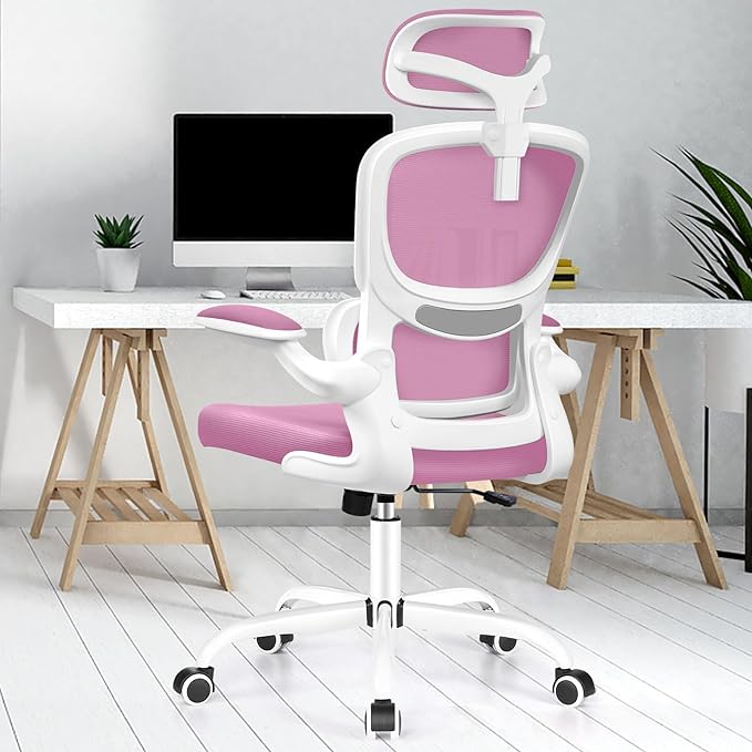 Ergonomic Office Desk Chair, High Back Mesh Chair with Lumbar Support and Adjustable Headrest, Computer Gaming Chair with Flip-up Armrests, Executive Swivel Chair for Home Office (Pink) - LeafyLoom