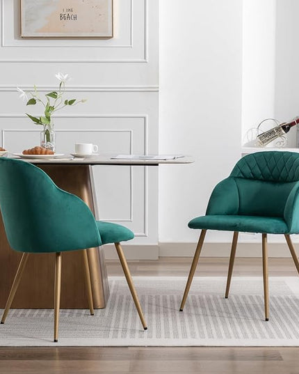 Velvet Dining Chairs Sets of 2, Modern Upholstered Accent Side Chairs with Arm Gold Metal Legs for Kitchen Living Bed Room, Green - LeafyLoom