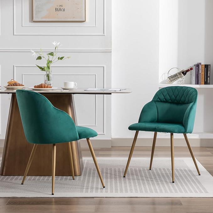 Velvet Dining Chairs Sets of 2, Modern Upholstered Accent Side Chairs with Arm Gold Metal Legs for Kitchen Living Bed Room, Green - LeafyLoom