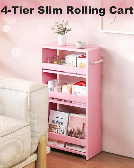 MARTY Rolling Storage Cart 7.9" W, Pink 4-Tier Wood Slim Kitchen Cart on Wheels, Laundry Room Organization with Handle Mobile Bookshelf Utility Cart Trolley for Kitchen Bathroom - LeafyLoom