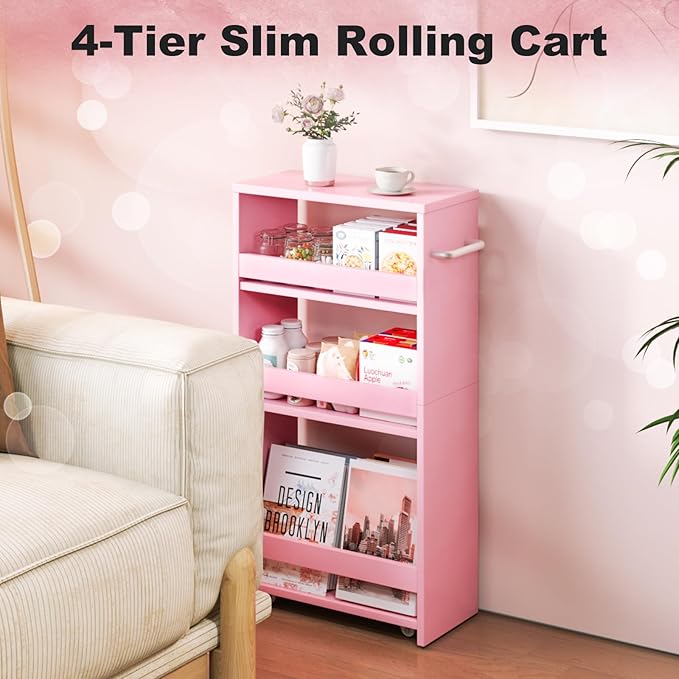 MARTY Rolling Storage Cart 7.9" W, Pink 4-Tier Wood Slim Kitchen Cart on Wheels, Laundry Room Organization with Handle Mobile Bookshelf Utility Cart Trolley for Kitchen Bathroom - LeafyLoom