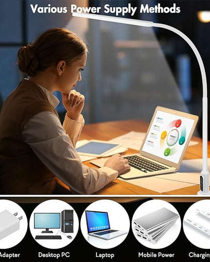 LED Desk Lamp with Clamp, Super Bright Desk Light with 11 Brightness, 5 Color Modes, Flexible Gooseneck Clip on Table Light, Eye-Caring Architect Task Desk Lamps for Home Office Study Reading - LeafyLoom