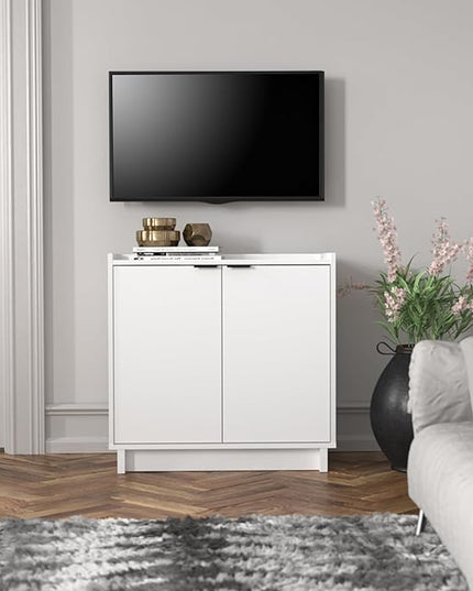 Prepac Simply Modern 2 Console Table, White Doors and Shelves, Buffet Cabinet with Storage, 30.75" W x 30" H x 16" D - LeafyLoom
