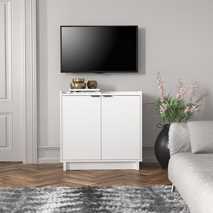 Prepac Simply Modern 2 Console Table, White Doors and Shelves, Buffet Cabinet with Storage, 30.75" W x 30" H x 16" D - LeafyLoom