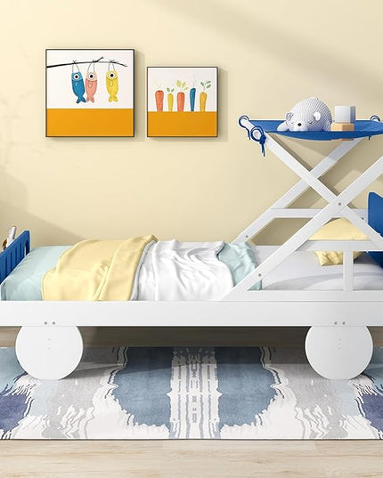 Twin Size Car Bed with Ceiling Cloth,Wooden Car-Shaped Bedframe W/Headboard & Footboard,No Box Spring Required,Fun Play for Boys Kids Toddlers Child's Bedroom,White - LeafyLoom
