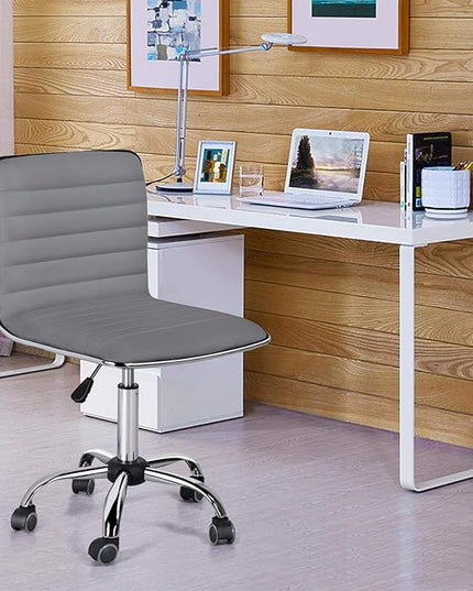 Yaheetech PU Leather Office Chair Task Chair, Ribbed Armless Desk Chair, Adjustable Low Back Executive Chair with Wheels Grey - LeafyLoom