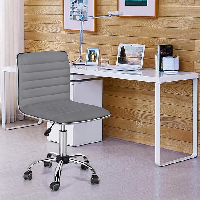 Yaheetech PU Leather Office Chair Task Chair, Ribbed Armless Desk Chair, Adjustable Low Back Executive Chair with Wheels Grey - LeafyLoom