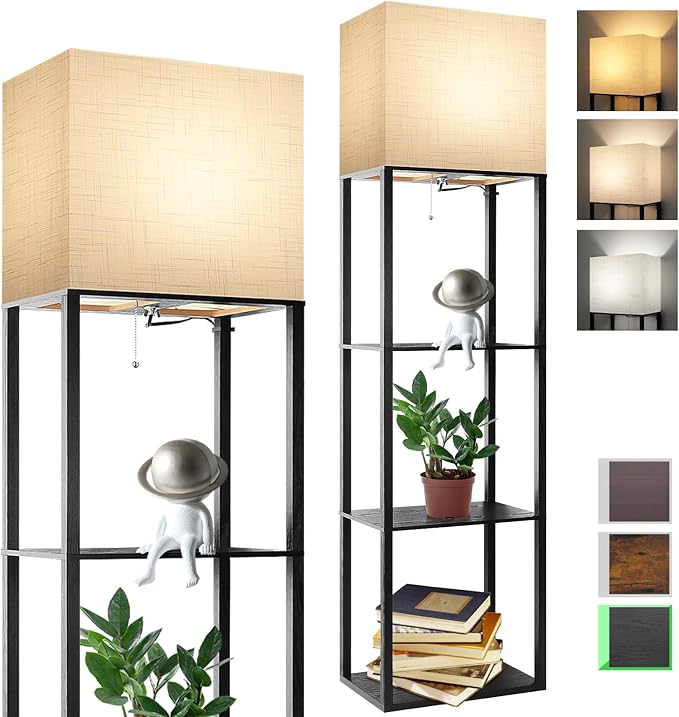 RUNTOP Plus Floor Lamp with Shelves, Shelf Lamp with 15W LED Bulb, 3 Colors, Memory Function, Wide Display Shelf for Collectibles Storge, Shelf Floor Lamps for Living Room, Standing Lamp for Bedroom - LeafyLoom