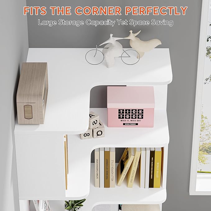 Corner Bookshelf, 64.9 Inch Tall Bookcase with Anti-Drop Panel, Modern Freestanding Corner Shelf Display Rack Storage Organizer for Home Office, Living Room, White - LeafyLoom