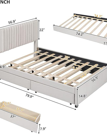 Full Size Linen Upholstered Platform Bed with 2 Drawers and Twin Size Trundle,Solid Wood Bed Frame w/Classic Headboard Design,for Bedroom,Apartment,Living Room,Beige - LeafyLoom